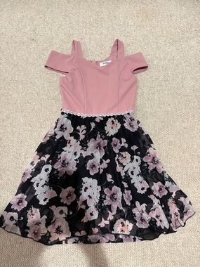 Speechless Pink Cold-Shoulder Dress with Black Floral Skirt